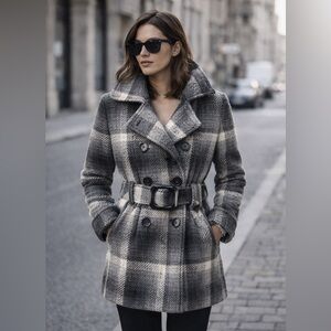 Nitrogen Plaid Belted Wool Blend Peacoat | Women’s M | Double Breasted Coat